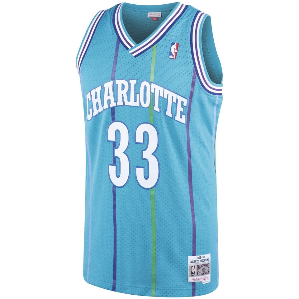 Men's Mitchell & Ness Alonzo Mourning Teal Charlotte Hornets  Hardwood Classics Swingman Jersey  Aqua