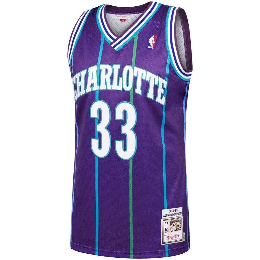 Men's Mitchell & Ness Alonzo Mourning Purple Charlotte Hornets  Hardwood Classics Authentic Jersey  Purple