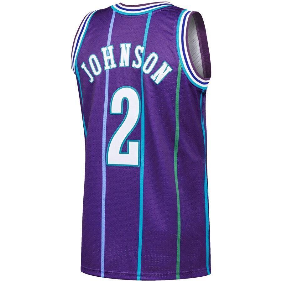 Men's Mitchell & Ness Larry Johnson Purple Charlotte Hornets  Hardwood Classics Authentic Jersey  Purple