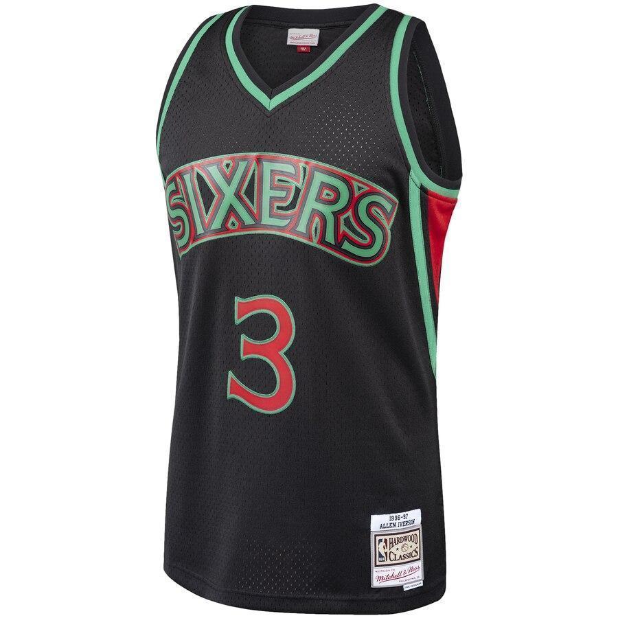 Men's Mitchell & Ness Allen Iverson Black Philadelphia 7ers Hardwood Classics Christmas Swingan Collection Jersey  Black